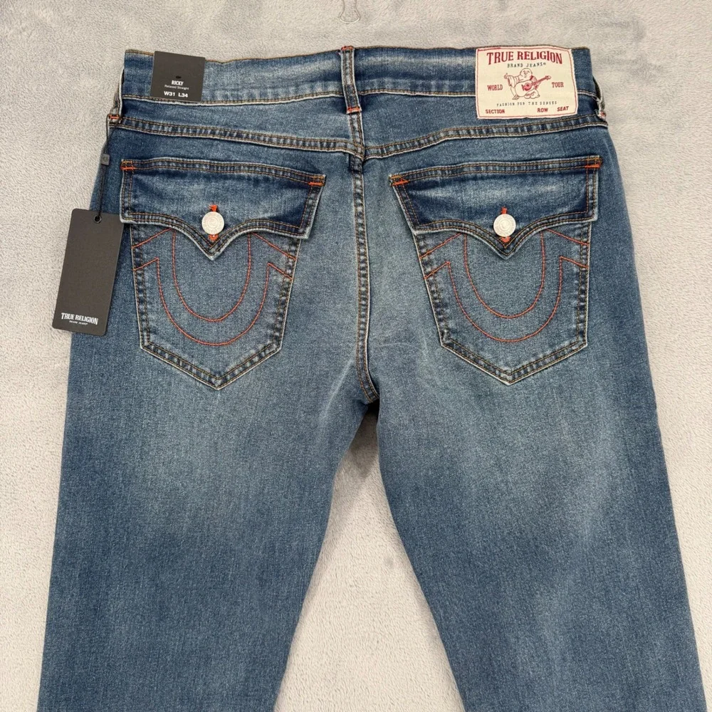 True Religion Ricky Flap Straight‎ Jeans Medium Cuzzy Firefade Wash Mens Size 31